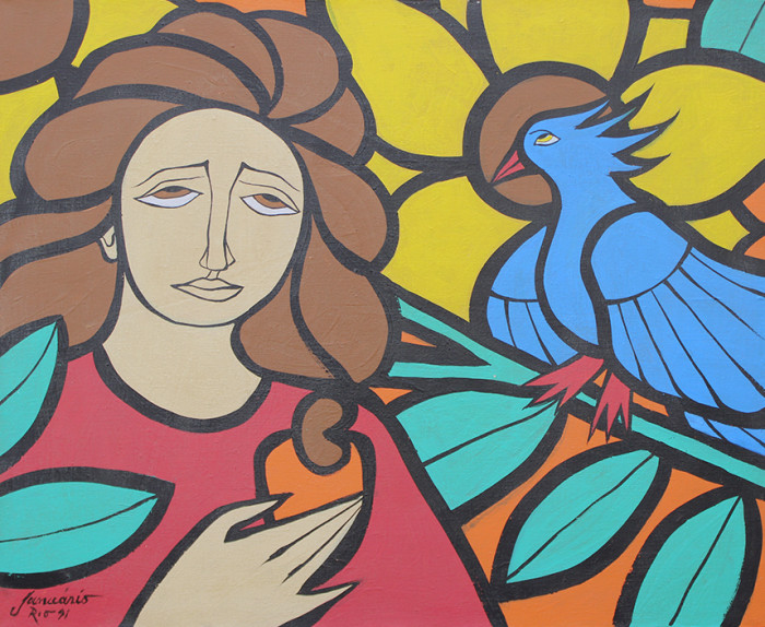 Figura feminina com pássaro azul   